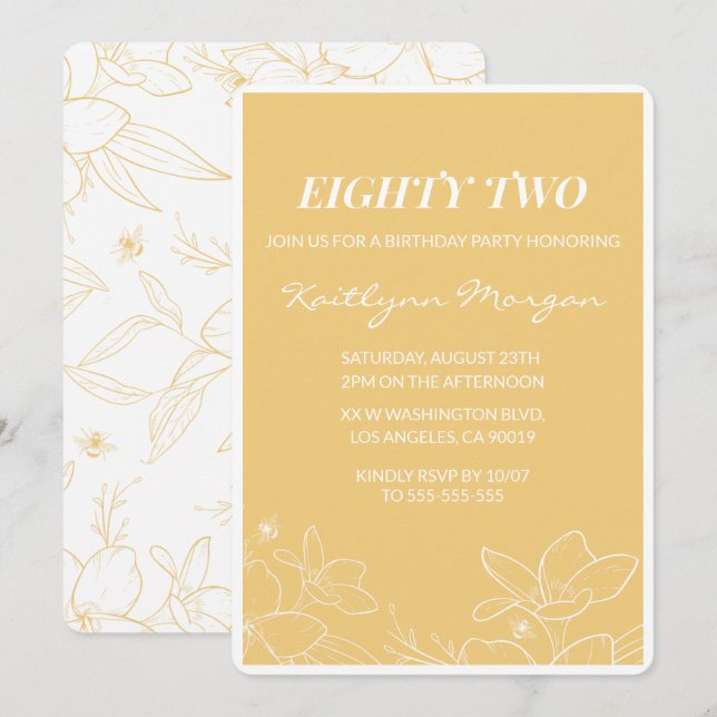 Floral Modern Yellow 82nd birthday invitations  (Front/Back)