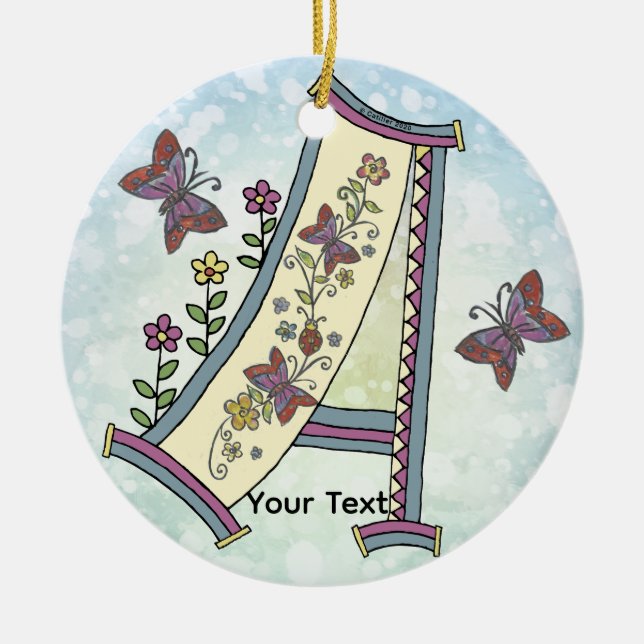 floral Monogram A Ceramic Tree Decoration (Front)