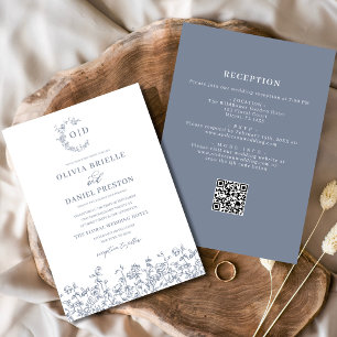 Floral Monogram All in One Dusty Blue Wedding Invitation