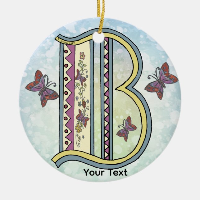 floral Monogram B  Ceramic Tree Decoration (Front)