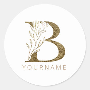 Floral Monogram B Elegant Gold Foliage Classic Round Sticker