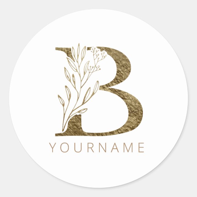 Floral Monogram B Elegant Gold Foliage Classic Round Sticker (Front)