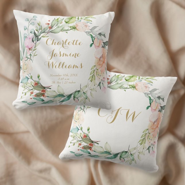 Floral Monogram Baby Birth Stats Nursery Cushion (Creator Uploaded)