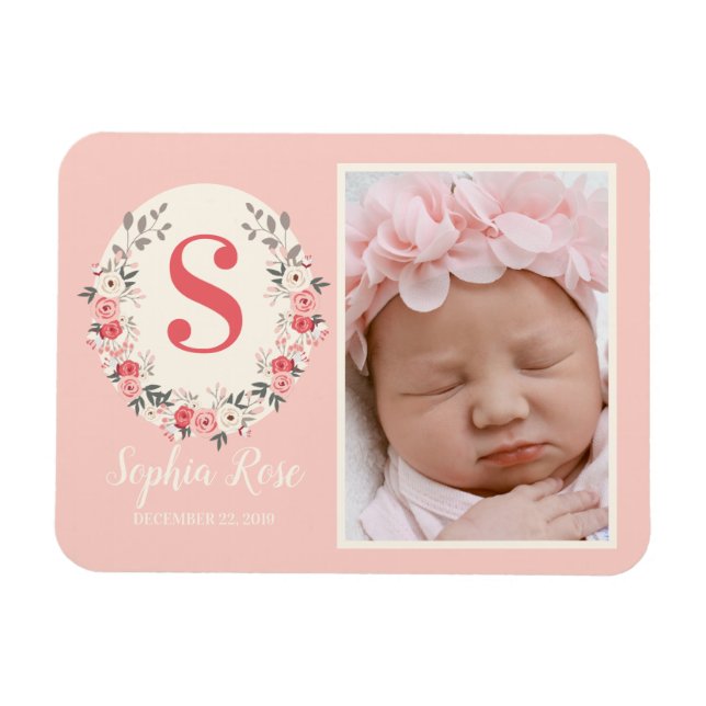 Floral Monogram Baby Girl Announcement Blush Pink Magnet (Horizontal)