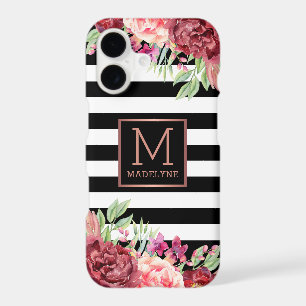 Floral Monogram Black White Striped Rose Gold