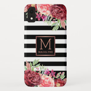 Floral Monogram Black White Striped Rose Gold Case-Mate iPhone Case