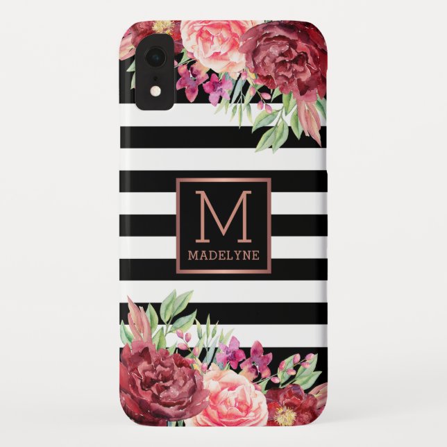 Floral Monogram Black White Striped Rose Gold Case-Mate iPhone Case (Back)