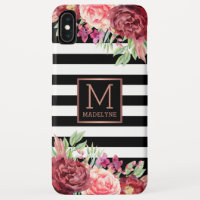 Floral Monogram Black White Striped Rose Gold