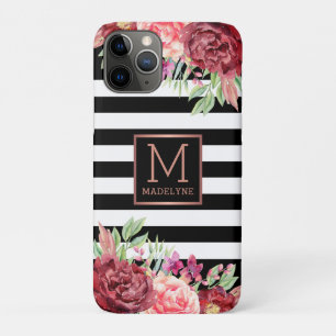 Floral Monogram Black White Striped Rose Gold Case-Mate iPhone Case