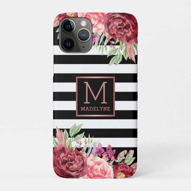 Floral Monogram Black White Striped Rose Gold Case-Mate iPhone Case (Back)