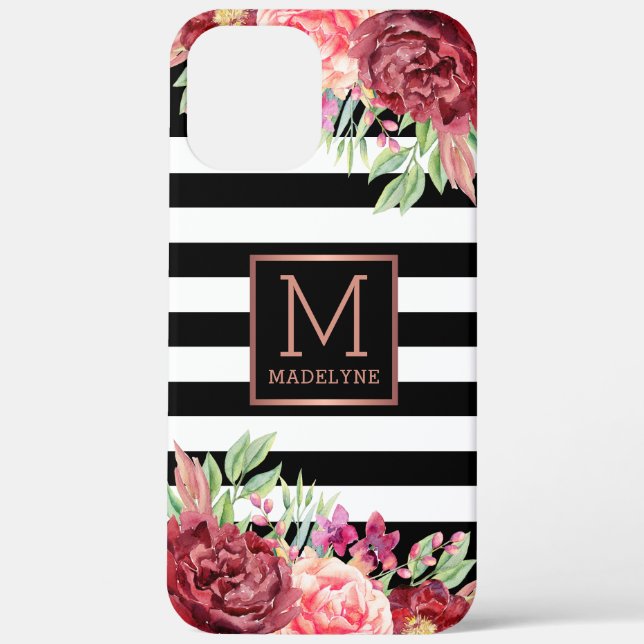 Floral Monogram Black White Striped Rose Gold Case-Mate iPhone Case (Back)