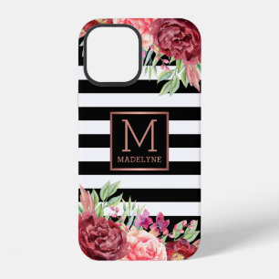 Floral Monogram Black White Striped Rose Gold iPhone 12 Case