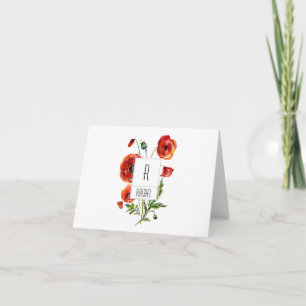 Floral Monogram Blank Note Card Red Poppy Flowers