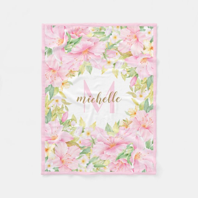 Floral Monogram Botanical Blush Pink Baby Girl Fleece Blanket (Front)