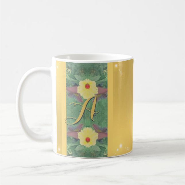 Floral Monogram Brass-like Porcelain  Coffee Mug (Left)