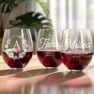 Floral Monogram Bridesmaids gift personalised name Stemless Wine Glass