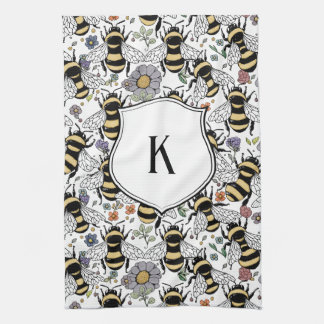 Floral Monogram Bumble Bee Tea Towel