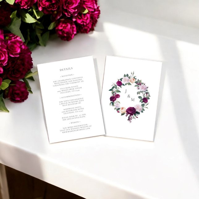 Floral monogram burgundy wedding details card (burgandy floral wedding details card )