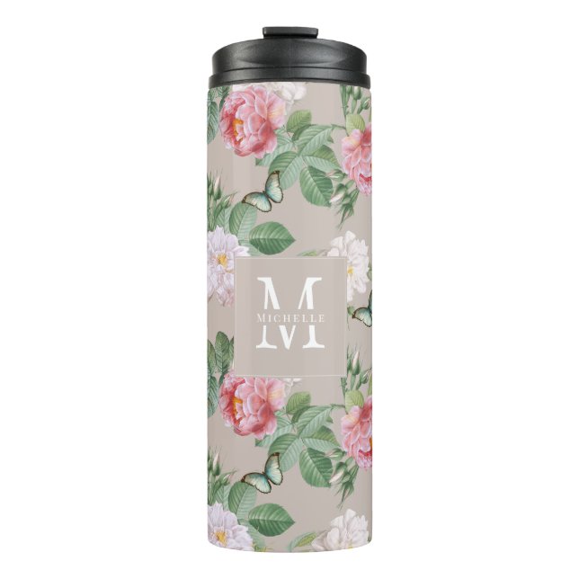 Floral Monogram Butterflies Elegant Custom Taupe Thermal Tumbler (Front)