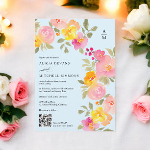 Floral monogram chic Qr code photo blue wedding Invitation