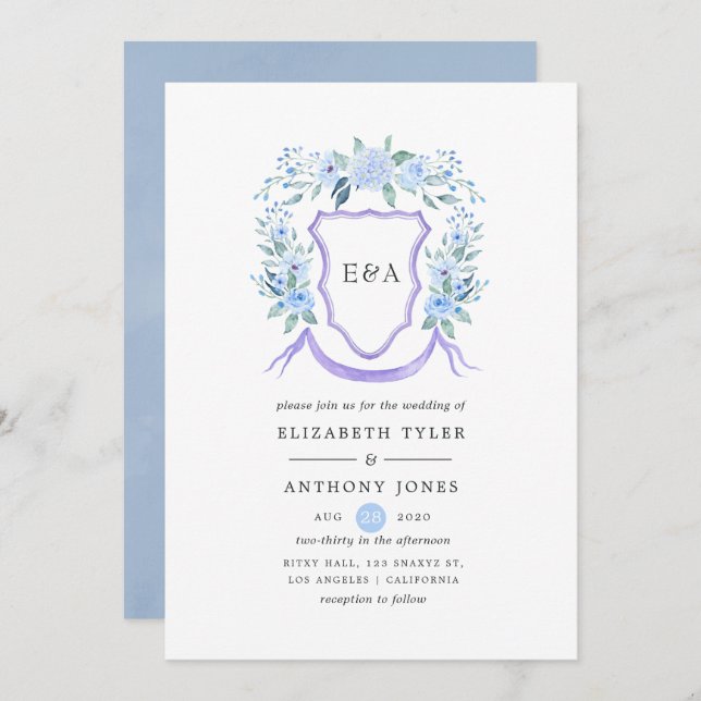 Floral Monogram Crest Wedding Invitation (Front/Back)