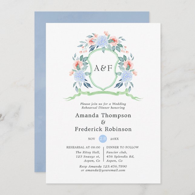 Floral Monogram Crest Wedding Rehearsal Dinner Invitation (Front/Back)
