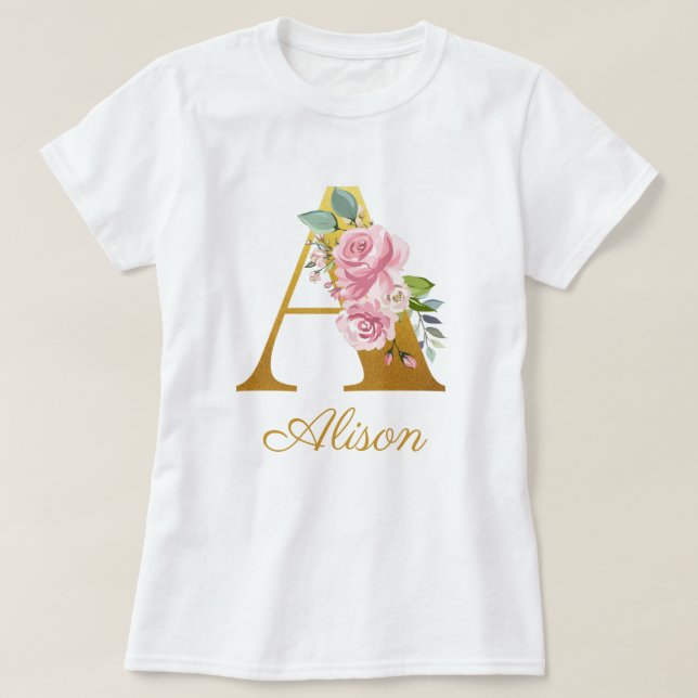 Floral Monogram Custom Name Initial Botanical T-Shirt (Design Front)