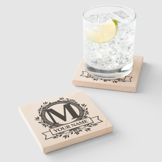 Floral Monogram Design Stone Coaster (Side)