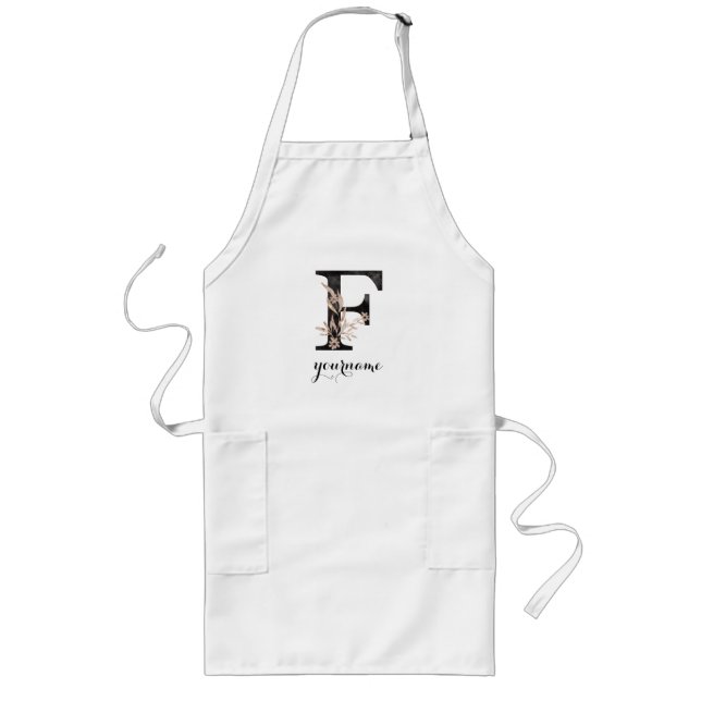 Floral Monogram F Black Gold Flora Long Apron (Front)