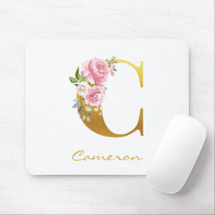 Floral Monogram Faux Gold Name Initial Personalise Mouse Pad