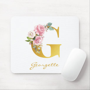 Floral Monogram Faux Gold Name Initial Personalise Mouse Pad