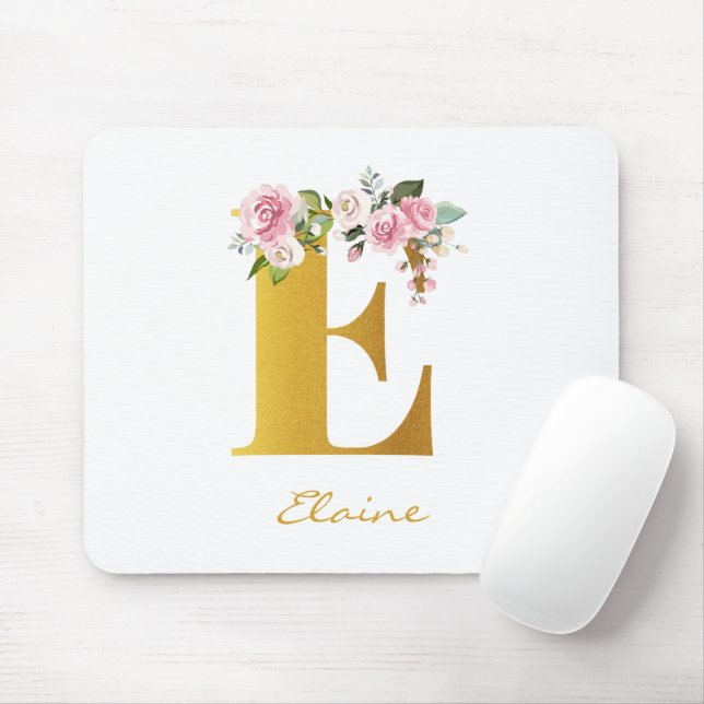 Floral Monogram Faux Gold Name Initial Personalise Mouse Pad (With Mouse)