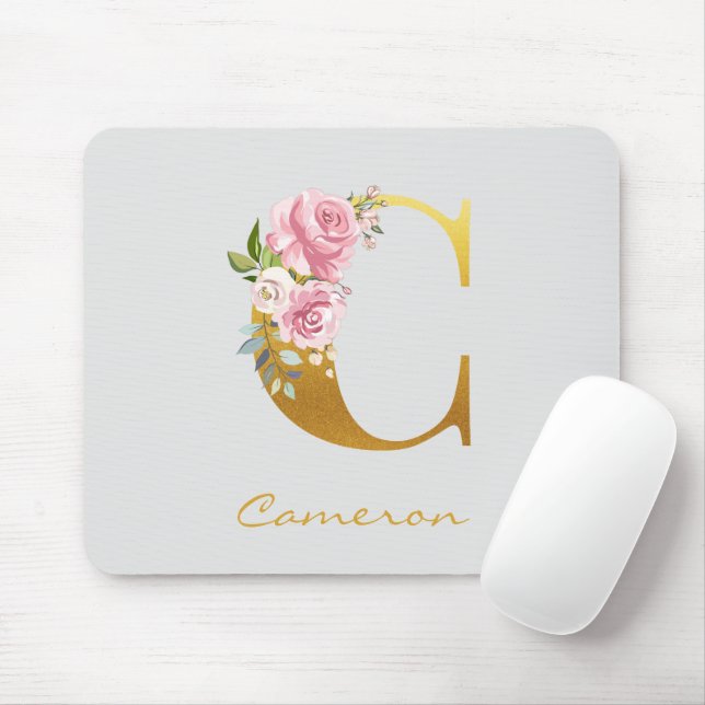 Floral Monogram Faux Gold Name Initial Personalise Mouse Pad (With Mouse)