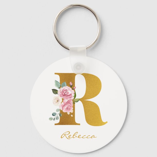 Floral Monogram Faux Gold Name Personalised Key Ring (Front)
