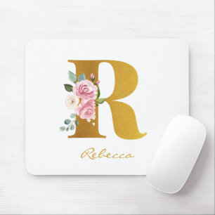 Floral Monogram Faux Gold Name Personalised Mouse Pad