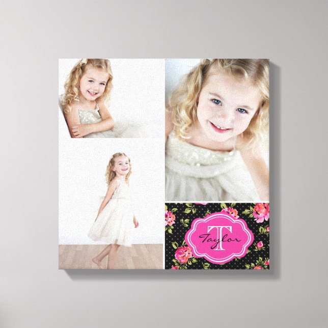 Floral Monogram Girly Photo Collage Canvas Print (Front)