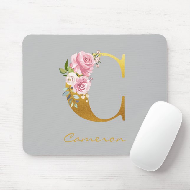 Floral Monogram Gold Name Initial Personalised Mouse Pad (With Mouse)