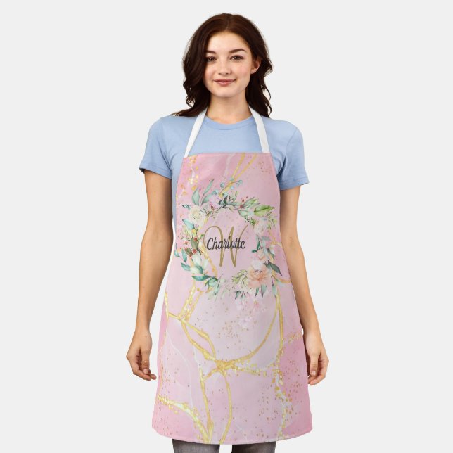 Floral Monogram Gold Script Pink Geode Agate Apron (Worn)