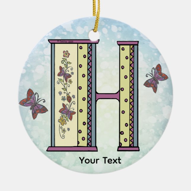 floral Monogram H  Ceramic Tree Decoration (Front)