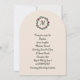 Floral monogram hand drawn vintage girl baptism invitation