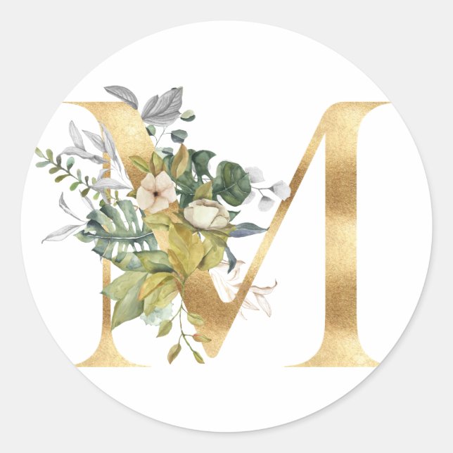 Floral monogram in gold Classic Round Sticker (Front)