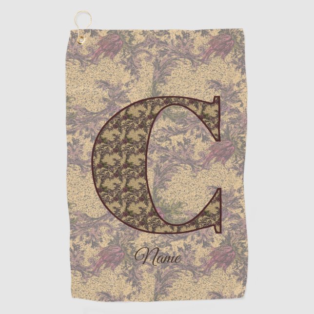 Floral Monogram Initial C Elegant Personalised Golf Towel (Front)