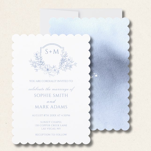 Floral Monogram Initial Crest Dusty Blue Wedding Invitation (Creator Uploaded)