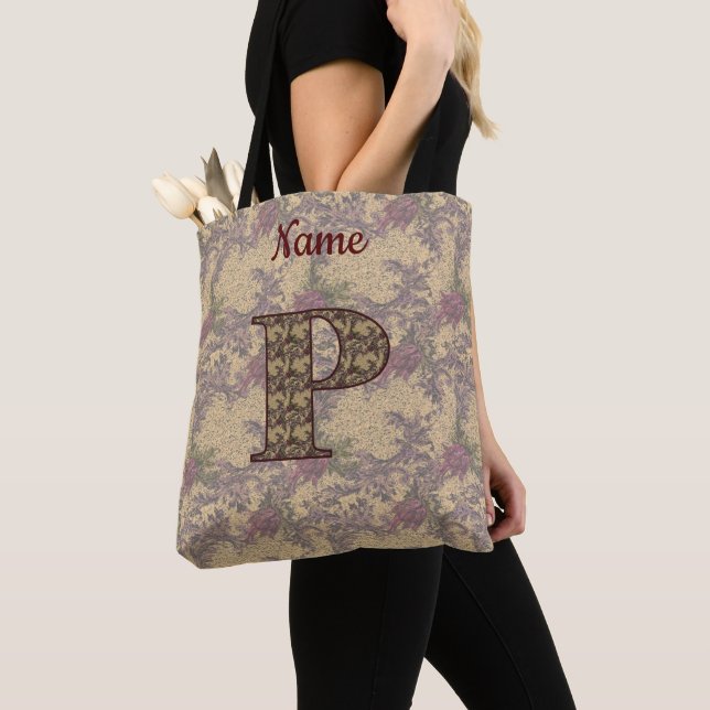 Floral Monogram Initial P Elegant Personalised Tote Bag (Close Up)