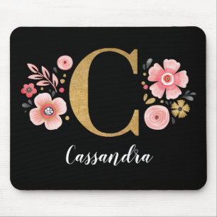 Floral Monogram Initial Pink Black Letter C Mouse Pad