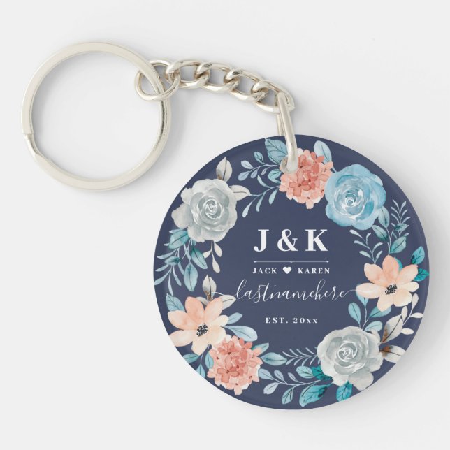 Floral Monogram Initials Custom Family Name Key Ring (Front)
