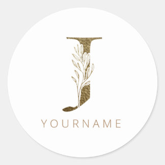 Floral Monogram J Elegant Gold Foliage Classic Round Sticker