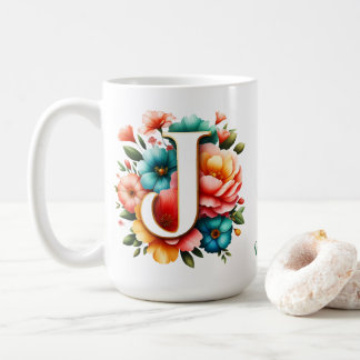 Floral Monogram J with Pastel Flowers Coffee Mug