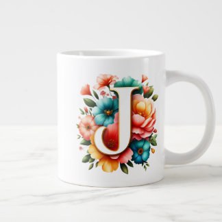 Floral Monogram J with Pastel Flowers Large Coffee Mug