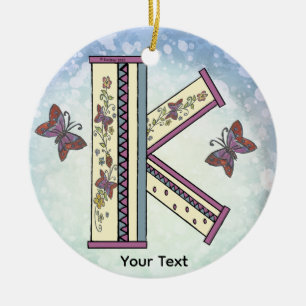 floral Monogram K  Ceramic Tree Decoration